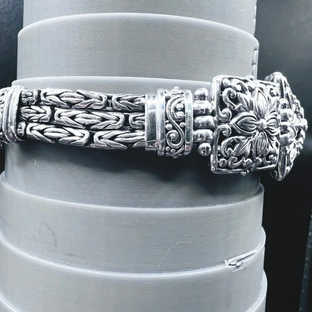 Sterling Silver Sarda Panel Bracelet Raised Square Floral Toggle Clasp Open Work
